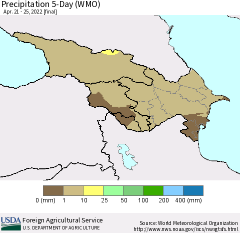 Azerbaijan, Armenia and Georgia Precipitation 5-Day (WMO) Thematic Map For 4/21/2022 - 4/25/2022