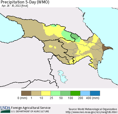Azerbaijan, Armenia and Georgia Precipitation 5-Day (WMO) Thematic Map For 4/26/2022 - 4/30/2022