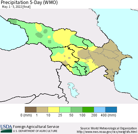 Azerbaijan, Armenia and Georgia Precipitation 5-Day (WMO) Thematic Map For 5/1/2022 - 5/5/2022