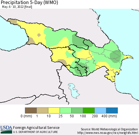 Azerbaijan, Armenia and Georgia Precipitation 5-Day (WMO) Thematic Map For 5/6/2022 - 5/10/2022