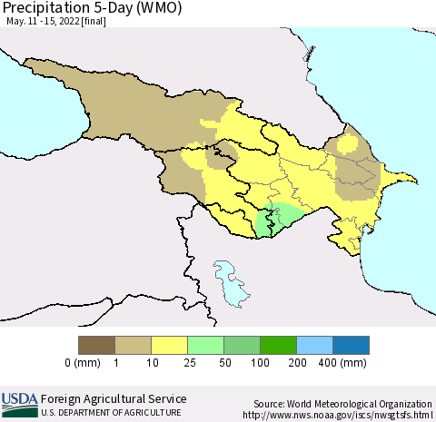 Azerbaijan, Armenia and Georgia Precipitation 5-Day (WMO) Thematic Map For 5/11/2022 - 5/15/2022
