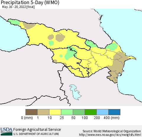 Azerbaijan, Armenia and Georgia Precipitation 5-Day (WMO) Thematic Map For 5/16/2022 - 5/20/2022