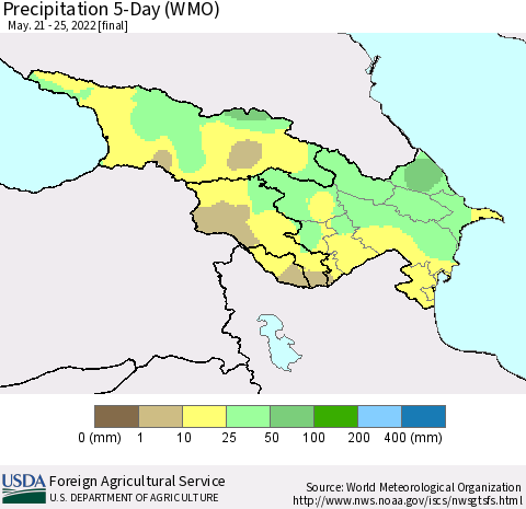 Azerbaijan, Armenia and Georgia Precipitation 5-Day (WMO) Thematic Map For 5/21/2022 - 5/25/2022