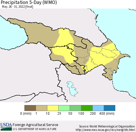 Azerbaijan, Armenia and Georgia Precipitation 5-Day (WMO) Thematic Map For 5/26/2022 - 5/31/2022