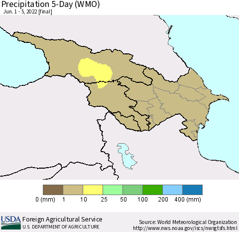 Azerbaijan, Armenia and Georgia Precipitation 5-Day (WMO) Thematic Map For 6/1/2022 - 6/5/2022