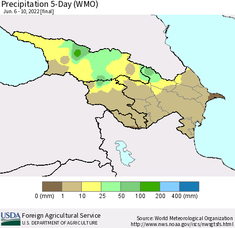 Azerbaijan, Armenia and Georgia Precipitation 5-Day (WMO) Thematic Map For 6/6/2022 - 6/10/2022