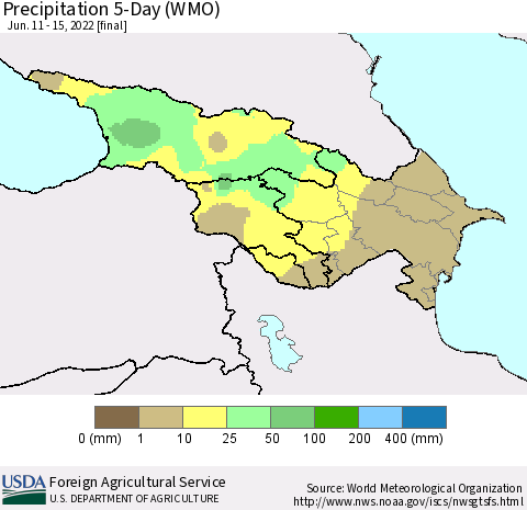Azerbaijan, Armenia and Georgia Precipitation 5-Day (WMO) Thematic Map For 6/11/2022 - 6/15/2022