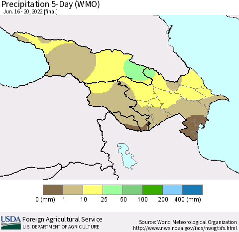 Azerbaijan, Armenia and Georgia Precipitation 5-Day (WMO) Thematic Map For 6/16/2022 - 6/20/2022