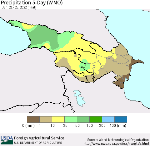 Azerbaijan, Armenia and Georgia Precipitation 5-Day (WMO) Thematic Map For 6/21/2022 - 6/25/2022