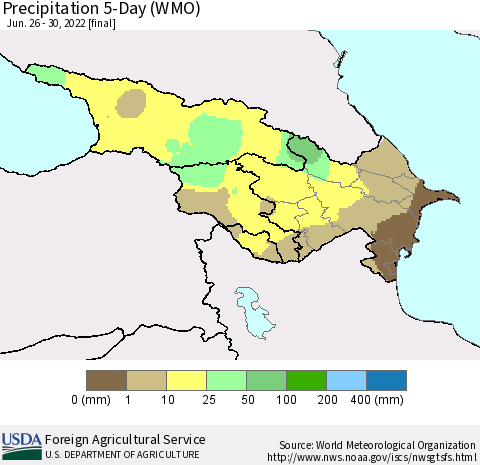 Azerbaijan, Armenia and Georgia Precipitation 5-Day (WMO) Thematic Map For 6/26/2022 - 6/30/2022