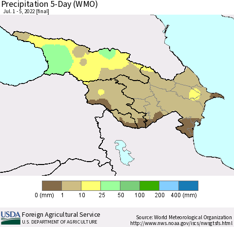 Azerbaijan, Armenia and Georgia Precipitation 5-Day (WMO) Thematic Map For 7/1/2022 - 7/5/2022