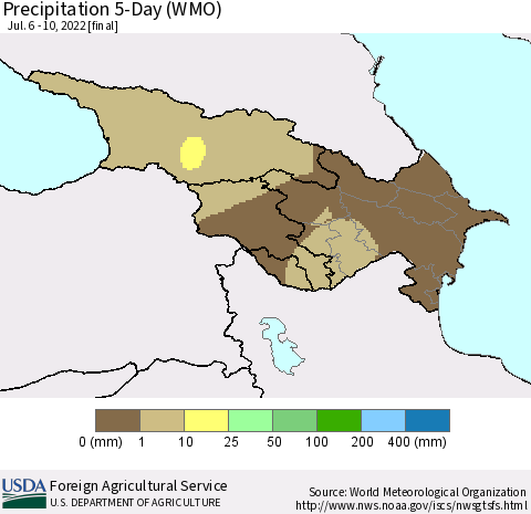 Azerbaijan, Armenia and Georgia Precipitation 5-Day (WMO) Thematic Map For 7/6/2022 - 7/10/2022