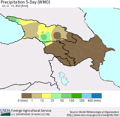Azerbaijan, Armenia and Georgia Precipitation 5-Day (WMO) Thematic Map For 7/11/2022 - 7/15/2022