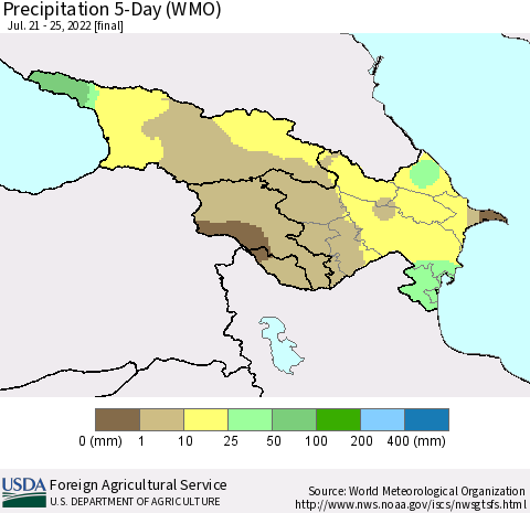 Azerbaijan, Armenia and Georgia Precipitation 5-Day (WMO) Thematic Map For 7/21/2022 - 7/25/2022