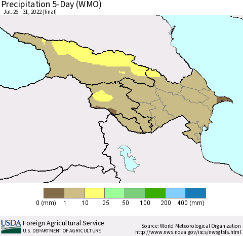 Azerbaijan, Armenia and Georgia Precipitation 5-Day (WMO) Thematic Map For 7/26/2022 - 7/31/2022