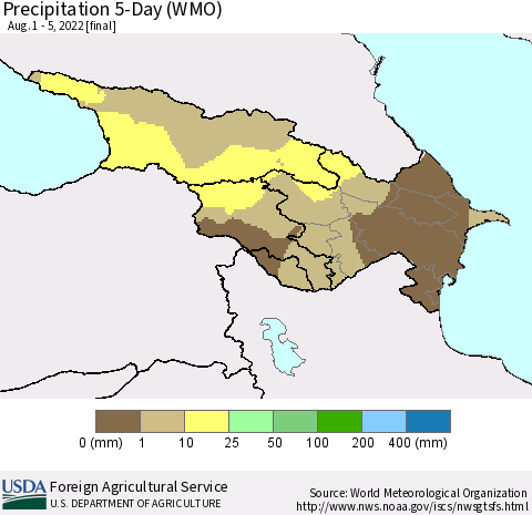 Azerbaijan, Armenia and Georgia Precipitation 5-Day (WMO) Thematic Map For 8/1/2022 - 8/5/2022