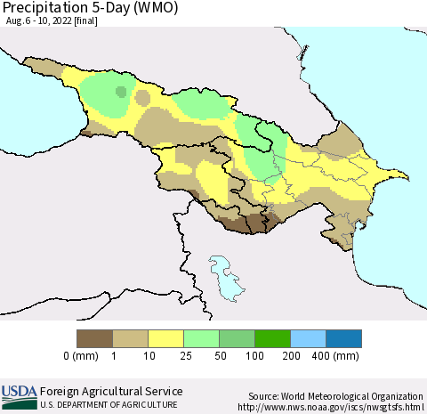 Azerbaijan, Armenia and Georgia Precipitation 5-Day (WMO) Thematic Map For 8/6/2022 - 8/10/2022