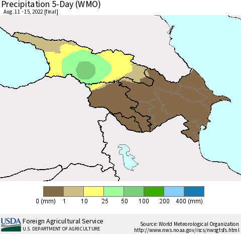 Azerbaijan, Armenia and Georgia Precipitation 5-Day (WMO) Thematic Map For 8/11/2022 - 8/15/2022