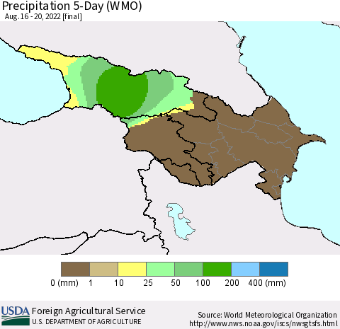 Azerbaijan, Armenia and Georgia Precipitation 5-Day (WMO) Thematic Map For 8/16/2022 - 8/20/2022