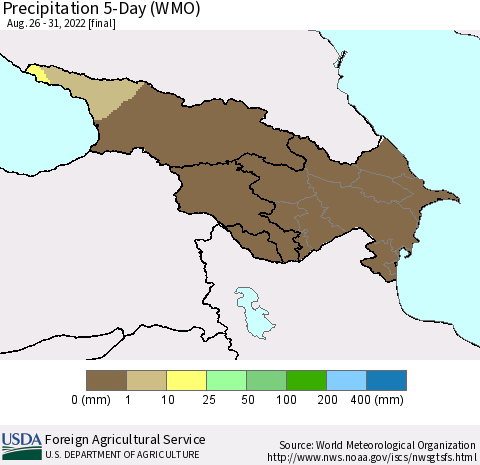 Azerbaijan, Armenia and Georgia Precipitation 5-Day (WMO) Thematic Map For 8/26/2022 - 8/31/2022