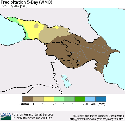Azerbaijan, Armenia and Georgia Precipitation 5-Day (WMO) Thematic Map For 9/1/2022 - 9/5/2022