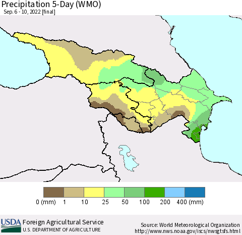 Azerbaijan, Armenia and Georgia Precipitation 5-Day (WMO) Thematic Map For 9/6/2022 - 9/10/2022