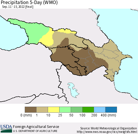 Azerbaijan, Armenia and Georgia Precipitation 5-Day (WMO) Thematic Map For 9/11/2022 - 9/15/2022