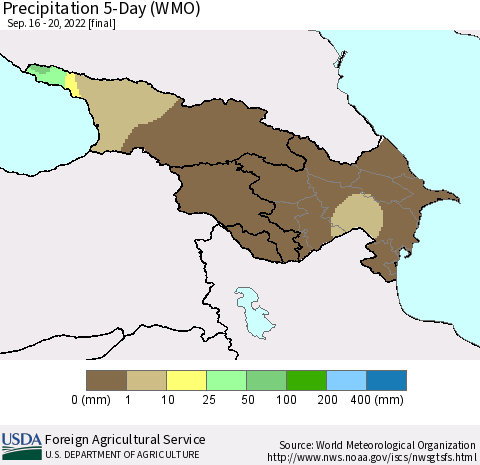 Azerbaijan, Armenia and Georgia Precipitation 5-Day (WMO) Thematic Map For 9/16/2022 - 9/20/2022
