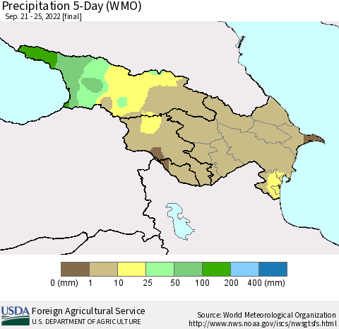Azerbaijan, Armenia and Georgia Precipitation 5-Day (WMO) Thematic Map For 9/21/2022 - 9/25/2022