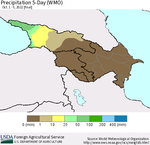 Azerbaijan, Armenia and Georgia Precipitation 5-Day (WMO) Thematic Map For 10/1/2022 - 10/5/2022