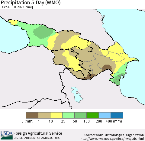 Azerbaijan, Armenia and Georgia Precipitation 5-Day (WMO) Thematic Map For 10/6/2022 - 10/10/2022