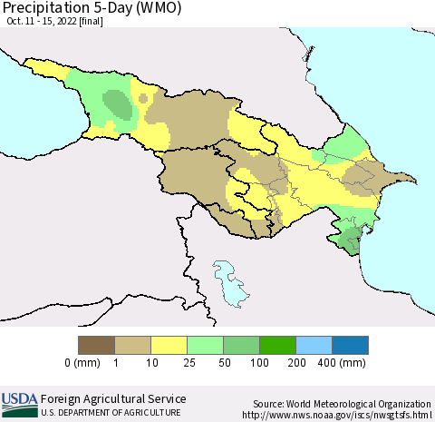 Azerbaijan, Armenia and Georgia Precipitation 5-Day (WMO) Thematic Map For 10/11/2022 - 10/15/2022