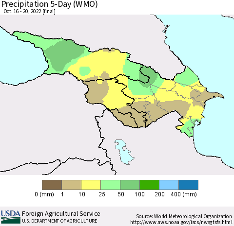Azerbaijan, Armenia and Georgia Precipitation 5-Day (WMO) Thematic Map For 10/16/2022 - 10/20/2022