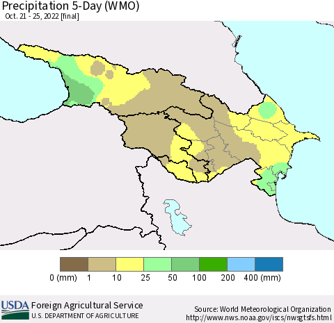 Azerbaijan, Armenia and Georgia Precipitation 5-Day (WMO) Thematic Map For 10/21/2022 - 10/25/2022