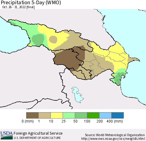 Azerbaijan, Armenia and Georgia Precipitation 5-Day (WMO) Thematic Map For 10/26/2022 - 10/31/2022