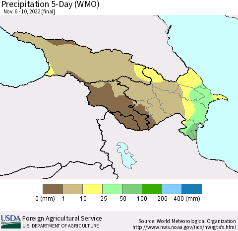 Azerbaijan, Armenia and Georgia Precipitation 5-Day (WMO) Thematic Map For 11/6/2022 - 11/10/2022