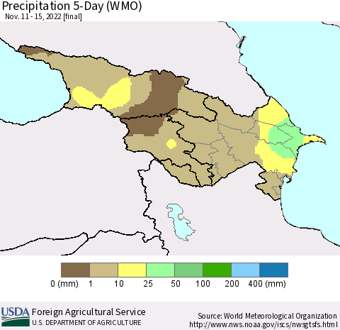 Azerbaijan, Armenia and Georgia Precipitation 5-Day (WMO) Thematic Map For 11/11/2022 - 11/15/2022