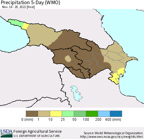 Azerbaijan, Armenia and Georgia Precipitation 5-Day (WMO) Thematic Map For 11/16/2022 - 11/20/2022