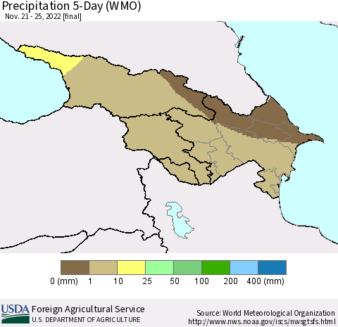 Azerbaijan, Armenia and Georgia Precipitation 5-Day (WMO) Thematic Map For 11/21/2022 - 11/25/2022