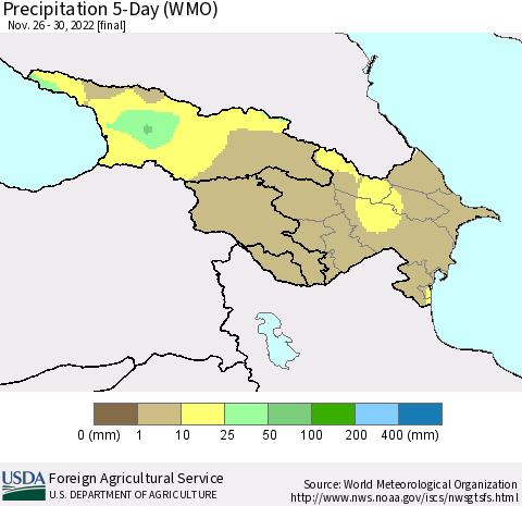 Azerbaijan, Armenia and Georgia Precipitation 5-Day (WMO) Thematic Map For 11/26/2022 - 11/30/2022