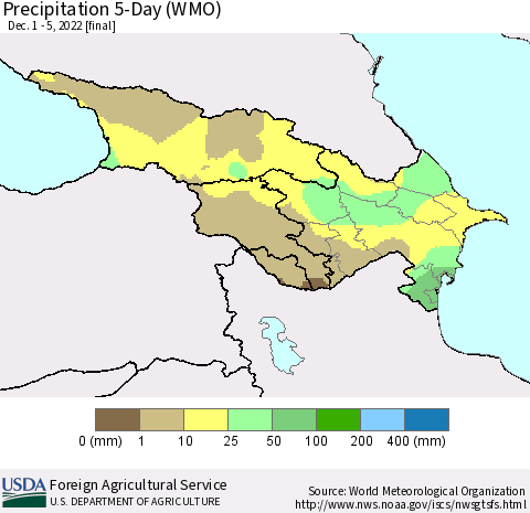 Azerbaijan, Armenia and Georgia Precipitation 5-Day (WMO) Thematic Map For 12/1/2022 - 12/5/2022