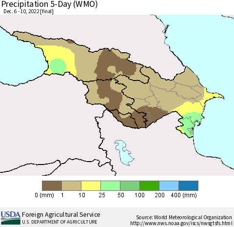 Azerbaijan, Armenia and Georgia Precipitation 5-Day (WMO) Thematic Map For 12/6/2022 - 12/10/2022