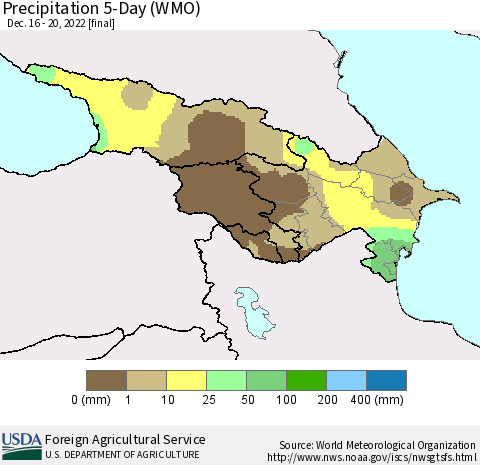 Azerbaijan, Armenia and Georgia Precipitation 5-Day (WMO) Thematic Map For 12/16/2022 - 12/20/2022