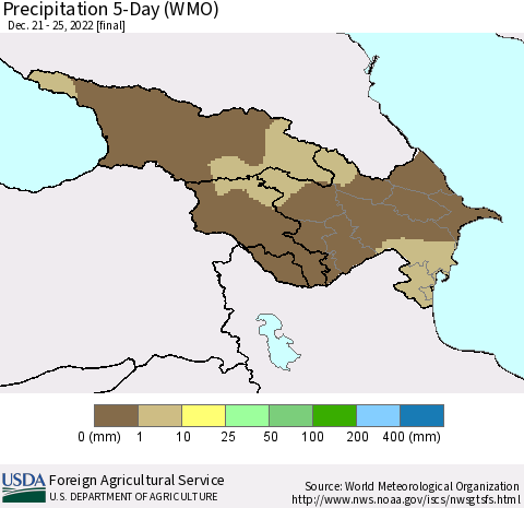 Azerbaijan, Armenia and Georgia Precipitation 5-Day (WMO) Thematic Map For 12/21/2022 - 12/25/2022