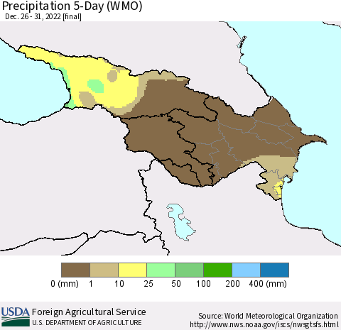 Azerbaijan, Armenia and Georgia Precipitation 5-Day (WMO) Thematic Map For 12/26/2022 - 12/31/2022