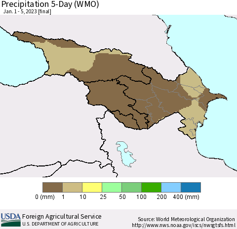 Azerbaijan, Armenia and Georgia Precipitation 5-Day (WMO) Thematic Map For 1/1/2023 - 1/5/2023