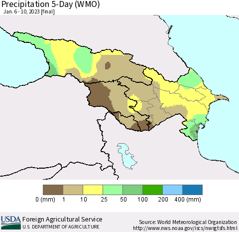 Azerbaijan, Armenia and Georgia Precipitation 5-Day (WMO) Thematic Map For 1/6/2023 - 1/10/2023