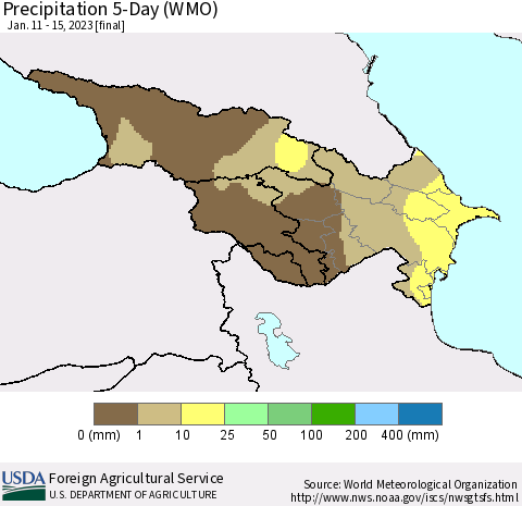 Azerbaijan, Armenia and Georgia Precipitation 5-Day (WMO) Thematic Map For 1/11/2023 - 1/15/2023