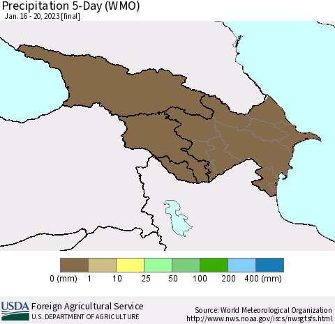 Azerbaijan, Armenia and Georgia Precipitation 5-Day (WMO) Thematic Map For 1/16/2023 - 1/20/2023