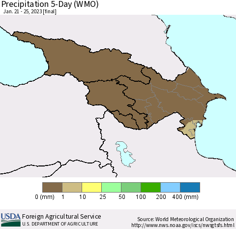 Azerbaijan, Armenia and Georgia Precipitation 5-Day (WMO) Thematic Map For 1/21/2023 - 1/25/2023